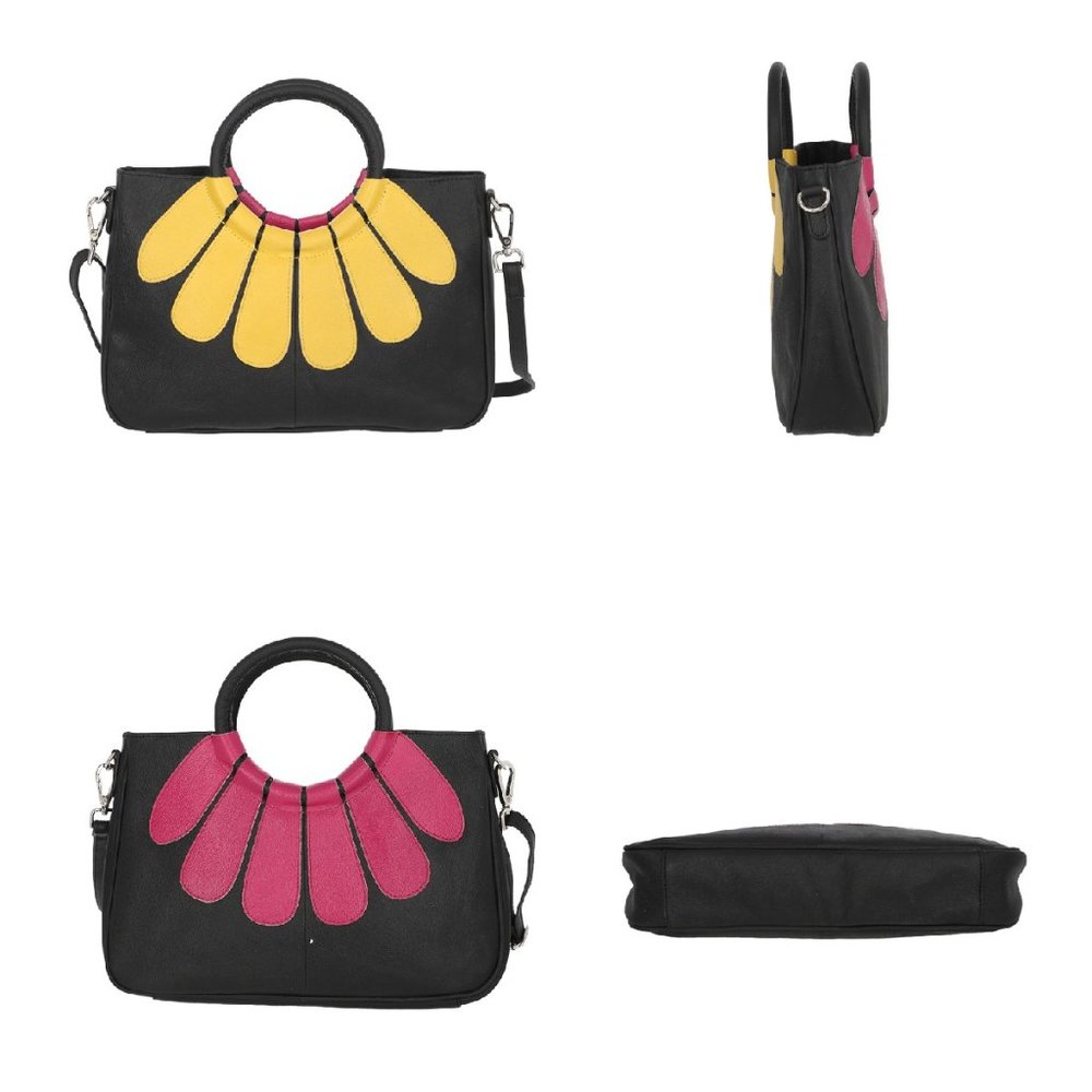 Black and Dark Pink & Yellow 100% Genuine Leather Floral Patch Satchel Bag